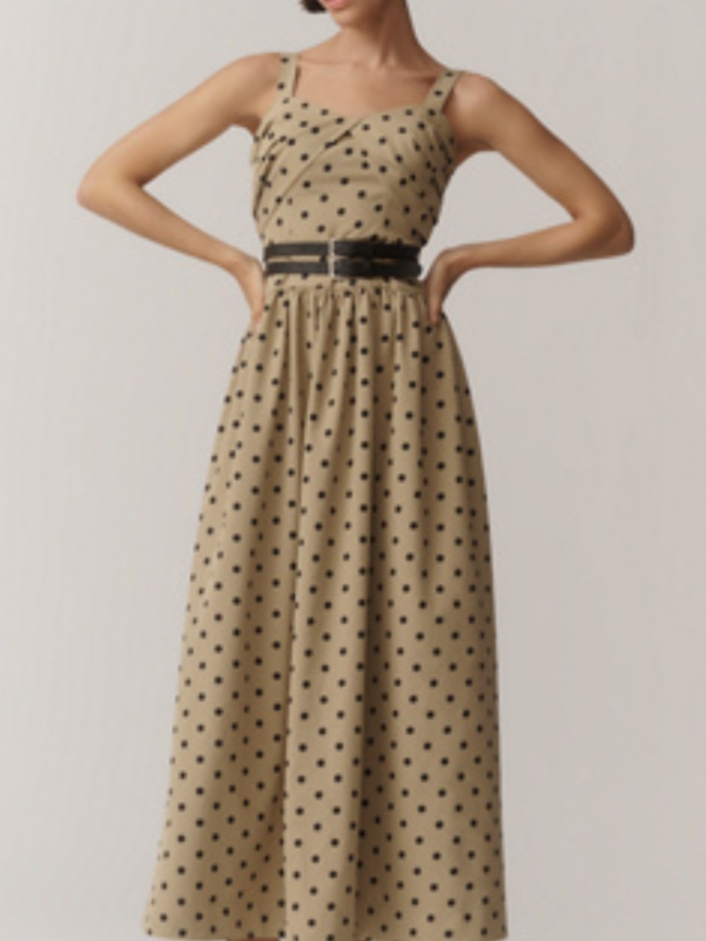 En Saison Beige Polka Dot Midi Dress with Black Dots